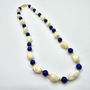 Cobalt Blue and Cream Beaded Necklace Gold‎ Tone Spacers Womens Fashion Jewelry